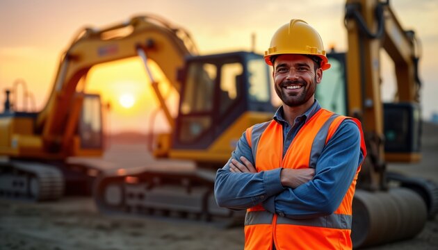 Happy excavator driver stands in front of large machine at sunrise. Pro construction worker looks at camera with arms crossed. Construction site background. Sunrise highlights industrial site.