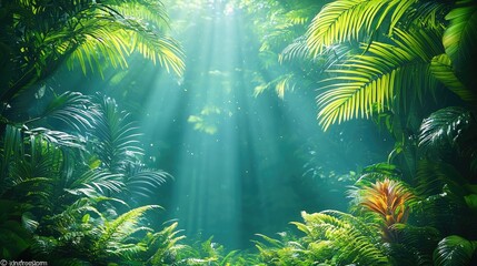 Obraz premium Lush jungle scene with sunlight filtering through dense foliage, creating a serene atmosphere.