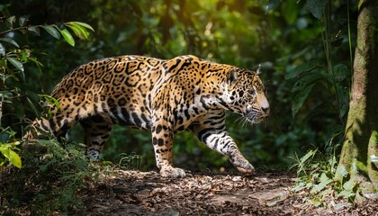 Obraz premium Crepuscular Jaguar Gracefully Navigating Sinuous Trails in a Verdant Rainforest