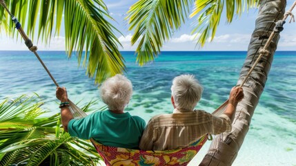 A senior couple relaxes together on a hammock, enjoying the ocean view under swaying palms