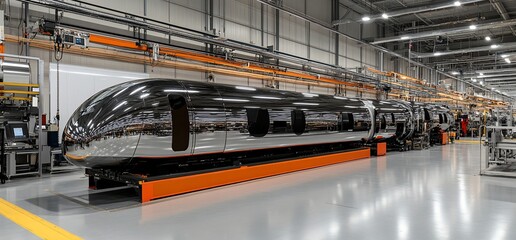 Modern high-speed train in factory.