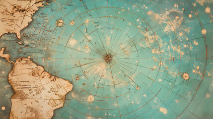 A mystical, celestial atlas, its pages a vibrant, seafoam green and chocolate tapestry, charting the courses of pale blue, starry skies. Seafoam. Illustration