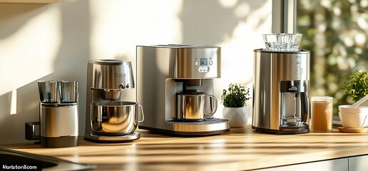Modern kitchen countertop with three stainless steel coffee makers and accessories.