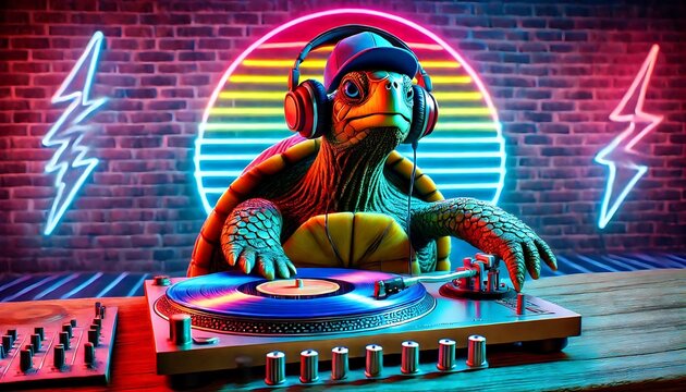 turtle remixing vinyl records in meon room,generative ai