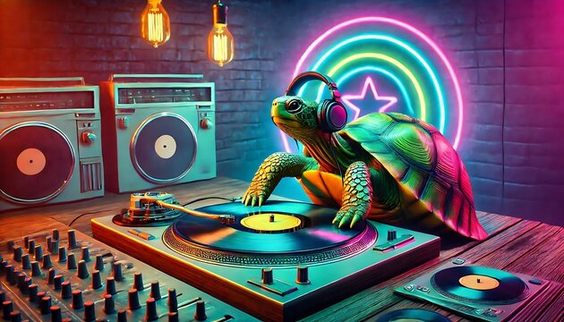 turtle remixing vinyl records in meon room,generative ai