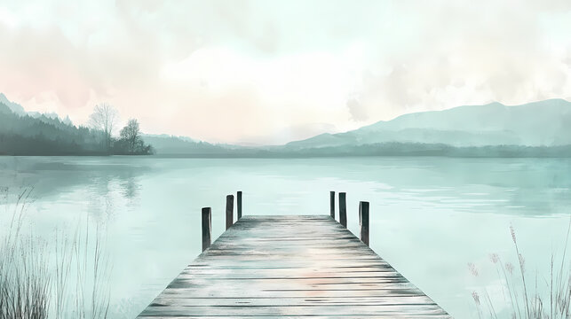 A tranquil lakeside retreat with a rustic wooden dock, set against a backdrop of pale coral and seafoam green hues. Seafoam. Illustration