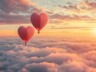 Fototapeta premium Two red heart balloons in evening sky at sunset. Balloons for valentines day flies in the sky.