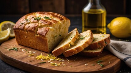 Freshly baked lemon bread with slices, olive oil, and lemon on a wooden board.