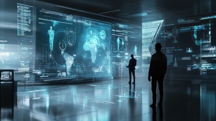 Obraz premium Holographic displays guiding workers in the factory, futuristic yet grounded design 