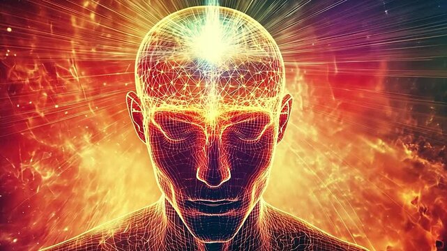 Pushing towards orange digital head of an artificial intelligence reaching consciousness through quantum computing. Visual representation of quantum consciousness. of quantum consciousness.