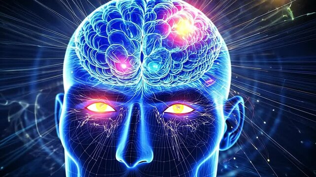 Blue digital head of an artificial intelligence reaching consciousness through quantum computing. Visual representation of quantum consciousness. of quantum consciousness.