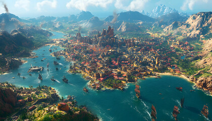 Obraz premium Majestic coastal city nestled in a breathtaking mountain landscape; numerous ships sail into the harbor. A vibrant scene, perfect for fantasy or historical settings.
