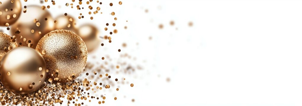 White background with gold colored balls scattered around it