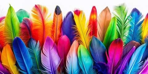 Panoramic Colorful Feathers, White Background, AI Photo, Beautiful Bird Plumage