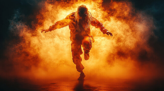 Energetic street dancer performing mid air move surrounded by flames
