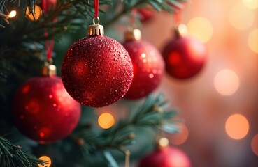 Christmas tree decorated with glittering red ornaments. Soft focus bokeh effect creates festive...