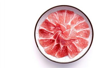 Raw pork neck sliced on plate isolated on white background, shabu, hot pot ingredients