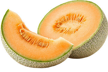 A slice of cantaloupe is cut in half