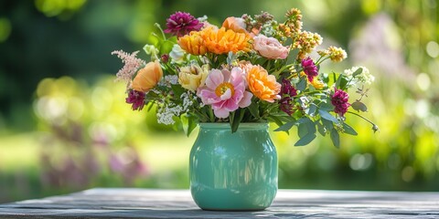 Fresh flowers arranged in a mint green jar on a wooden table in a sunny garden setting.