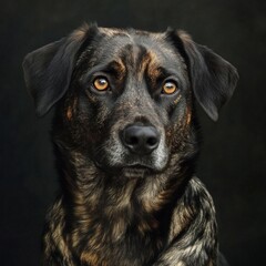 Portrait of a black and brown dog with alert expression and focused eyes