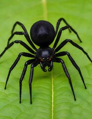 Obraz premium Black Spider On A Green Leaf Close Up