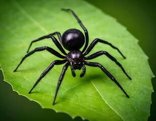 Obraz premium Black spider on a vibrant green leaf