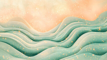 Abstract dreamy green waves rippling over a light coral background with glowing nebula patterns and subtle cosmic details
