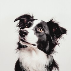 Attentive black-and-white border collie portrait against neutral background