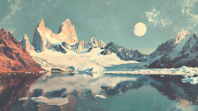 Vintage style photography of mount fitz roy and piedras blancas glacier in los glaciares national park, el chalten,. Glaciered. Illustration