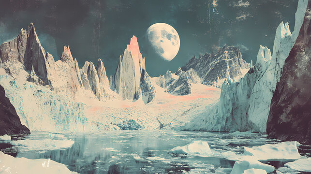 Vintage style photography of mount fitz roy and piedras blancas glacier in los glaciares national park, el chalten,. Glaciered. Illustration