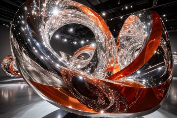 Reflective metallic sculpture with swirling, interconnected, polished forms in a dark gallery.