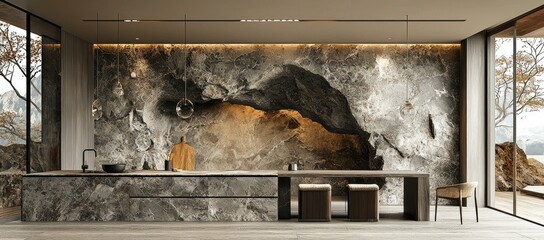 Modern kitchen featuring a stone wall and minimalist design with natural lighting.