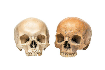 Two skulls, one white and one brown, are shown side by side