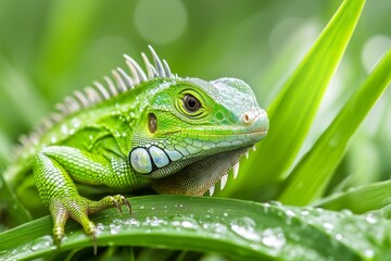 Obraz premium A baby iguana crawling on a vibrant green leaf, its tiny scales glistening with dew