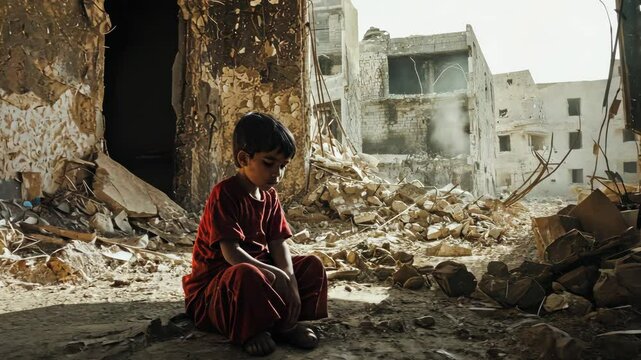 A Somber Scene of Innocence: A Young Boy Sits Amidst the Ruins of War-Torn Lands