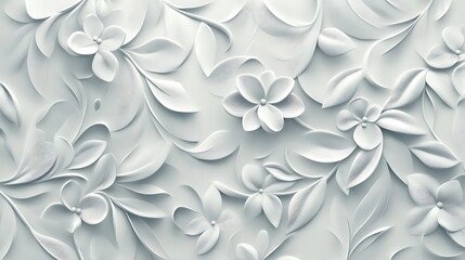 Elegant 3D Floral Wall Design: White Embossed Flowers and Leaves