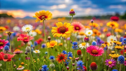 Obraz premium A colorful field of wildflowers swaying gently in the breeze , fields, petals, fields