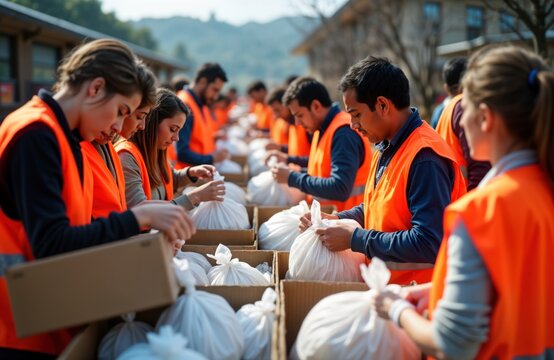 Many volunteers pack aid supplies into boxes outdoors. People in bright orange safety vests work together diligently. Fill bags with provisions for victims of possible disaster. Large group works