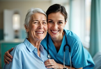 Friendly nurse supports elderly woman. Caregiver and patient smile warmly. Positive interaction in healthcare setting. Likely hospital or clinic environment. Image emphasizes care and compassion.
