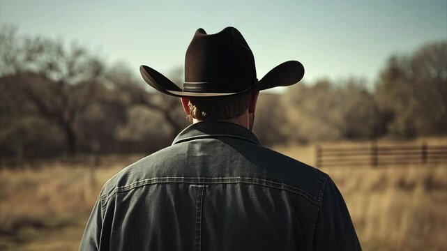 Tracking a cowboy with a black cowboy hat walking from behind standing in a field in front of the sunset in Texas.