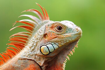 Fototapeta premium A close-up of an iguana head with its spines highlighted, capturing its alert and regal expression