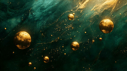 Abstract golden orbs scattered over a dark emerald background with glowing nebula details and fine cosmic energy trails