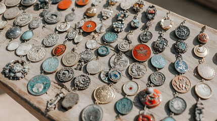 Collection of unique handcrafted necklaces with diverse medallions, displayed on rustic wood. Perfect for bohemian, vintage, or eclectic fashion blogs, websites, and social media.