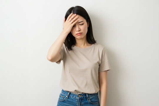 額に手を当てる体調が悪そうな女性、頭痛、インフルエンザ、感染症