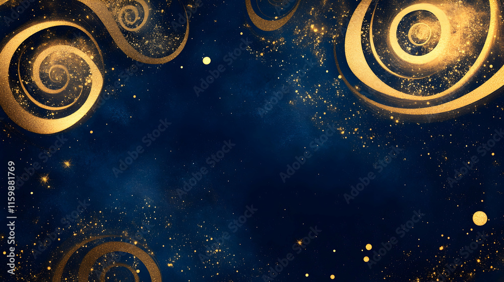 Wall mural abstract golden spirals against a rich navy background with glowing nebula textures and celestial hi