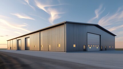 Obraz premium Modern industrial warehouse with a spacious design, featuring durable metal construction, large garage doors, and a clean exterior layout under a bright sky, perfect for storage, manufacturing, or log