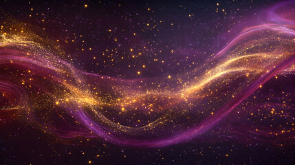 Obraz premium Abstract golden stars scattered across a plum-colored background with glowing nebula patterns and dynamic light trails