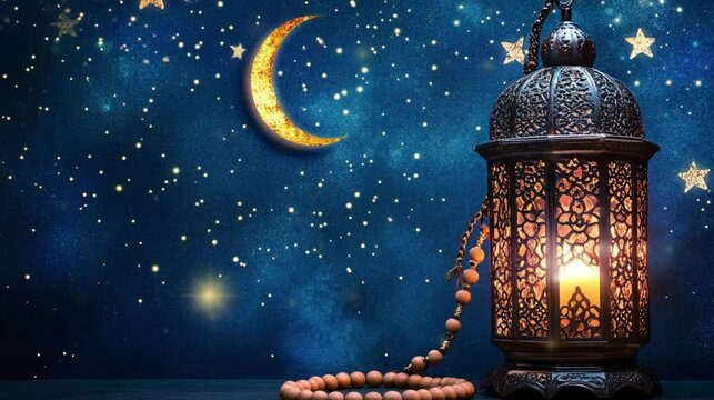 Lantern, rosary, and moon with night blue background Ramadan concept, holy month video footage copy space.