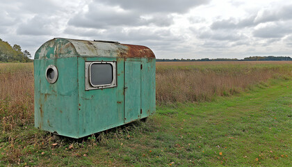 Obraz premium Rustic teal metal shed in a field. Weathered exterior, small windows, autumnal landscape.