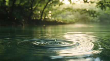 Water droplet creating ripples in a calm, green pond, surrounded by lush forest. Serene nature scene.